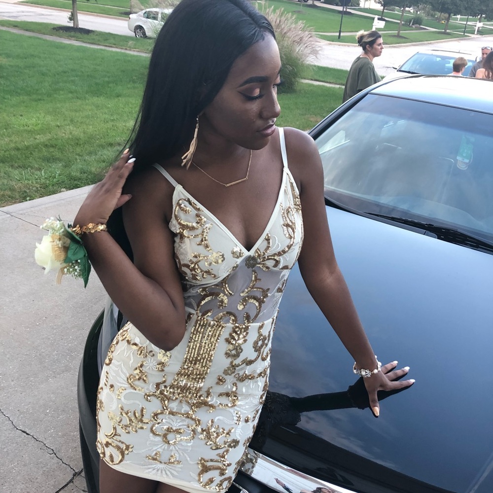 HOMECOMING/ FORMAL DRESS WHITE AND GOLD